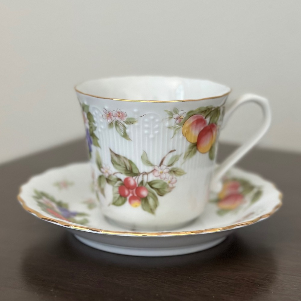 Andrea by Sadek Teacup Saucer‎ Fruit Pattern Gold Trim Made in Japan Porcelain
